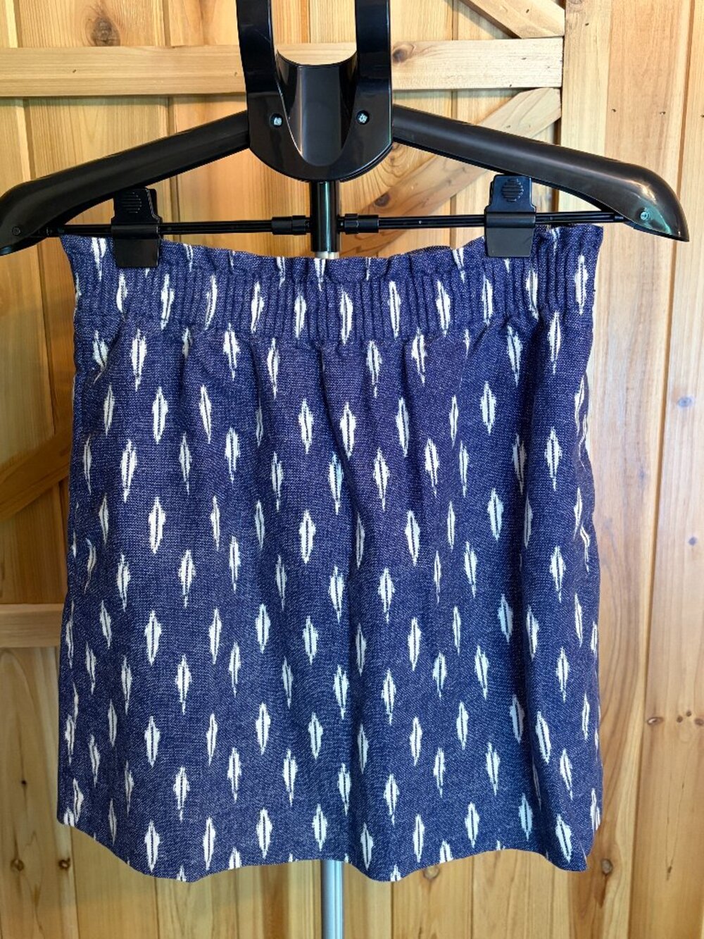 J.Crew Women Pull-On Paperbag Mini Skirt Sz 4 Navy lkat print Linen Blend Lined